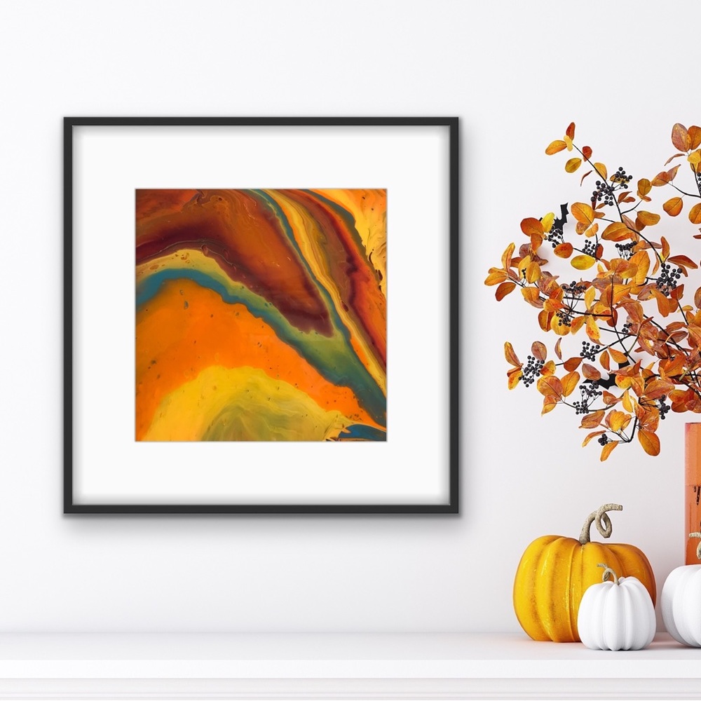 12 x 12” bright orange colourful abstract painting signed epoxy coating